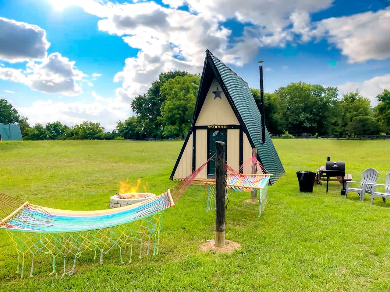 Rustic A-Frame Glamper near Nashville with Memory Foam Beds, Fire Pit & Country Breakfast