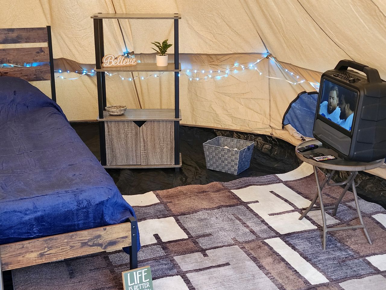 Cozy Bell Tent Glamping on Private Fenced Deck with Bathhouse Firepit WiFi and Trails in Mio, Michigan