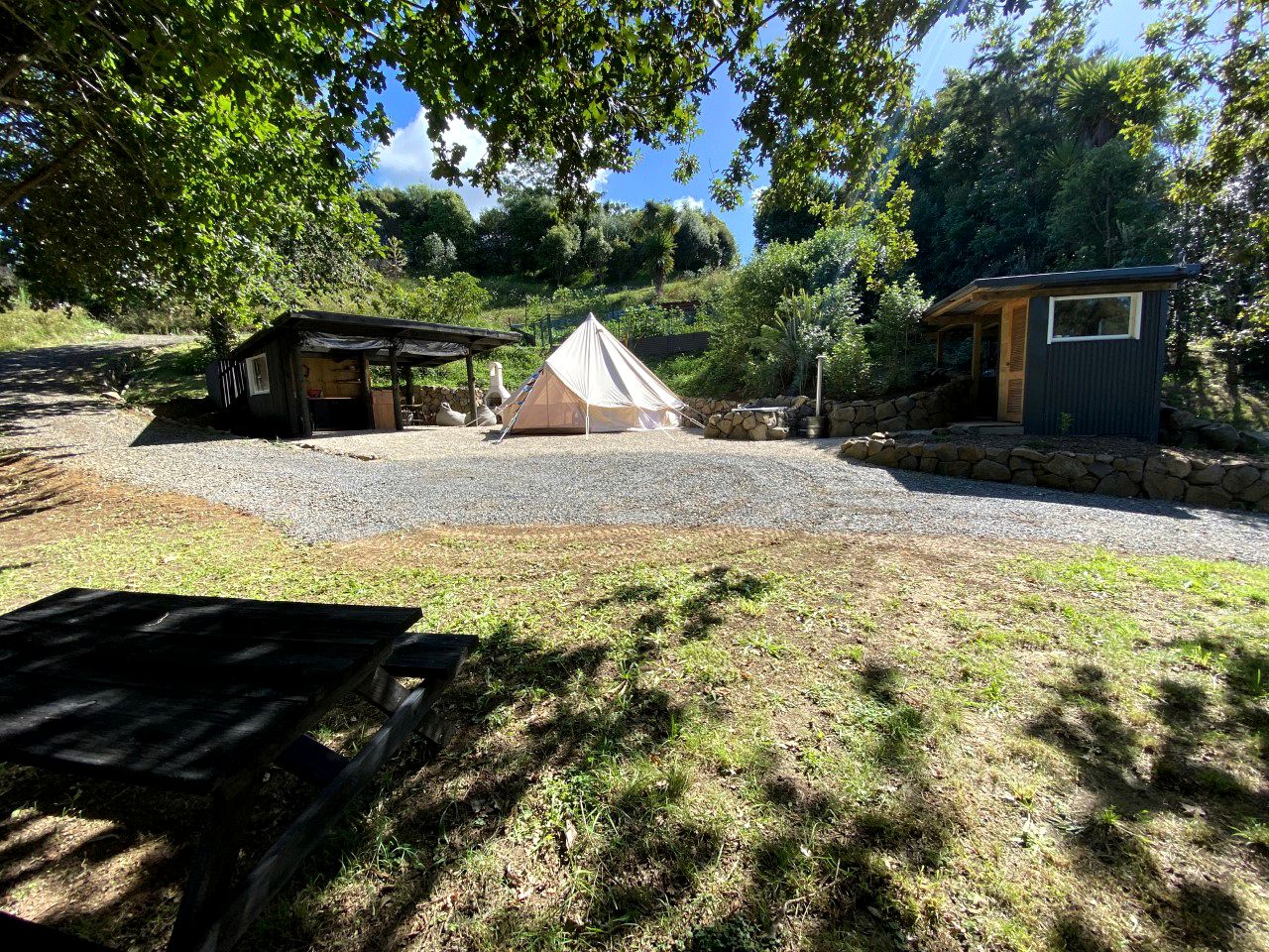 Off-Grid Bell Tent Glampsite Overlooking Creek, with Outdoor Fireplace in Waikato, New Zealand