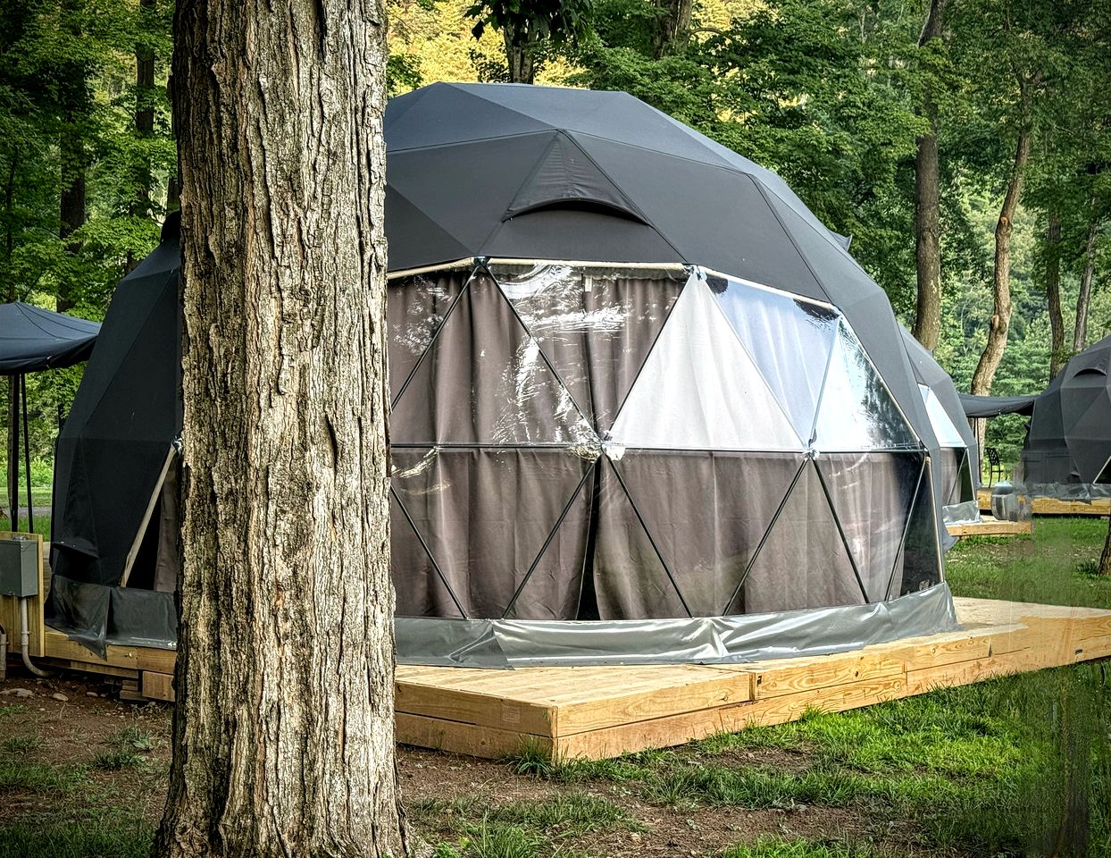 Starlit Geodesic Dome Haven Overlooking a Mountain River in New York’s Catskills