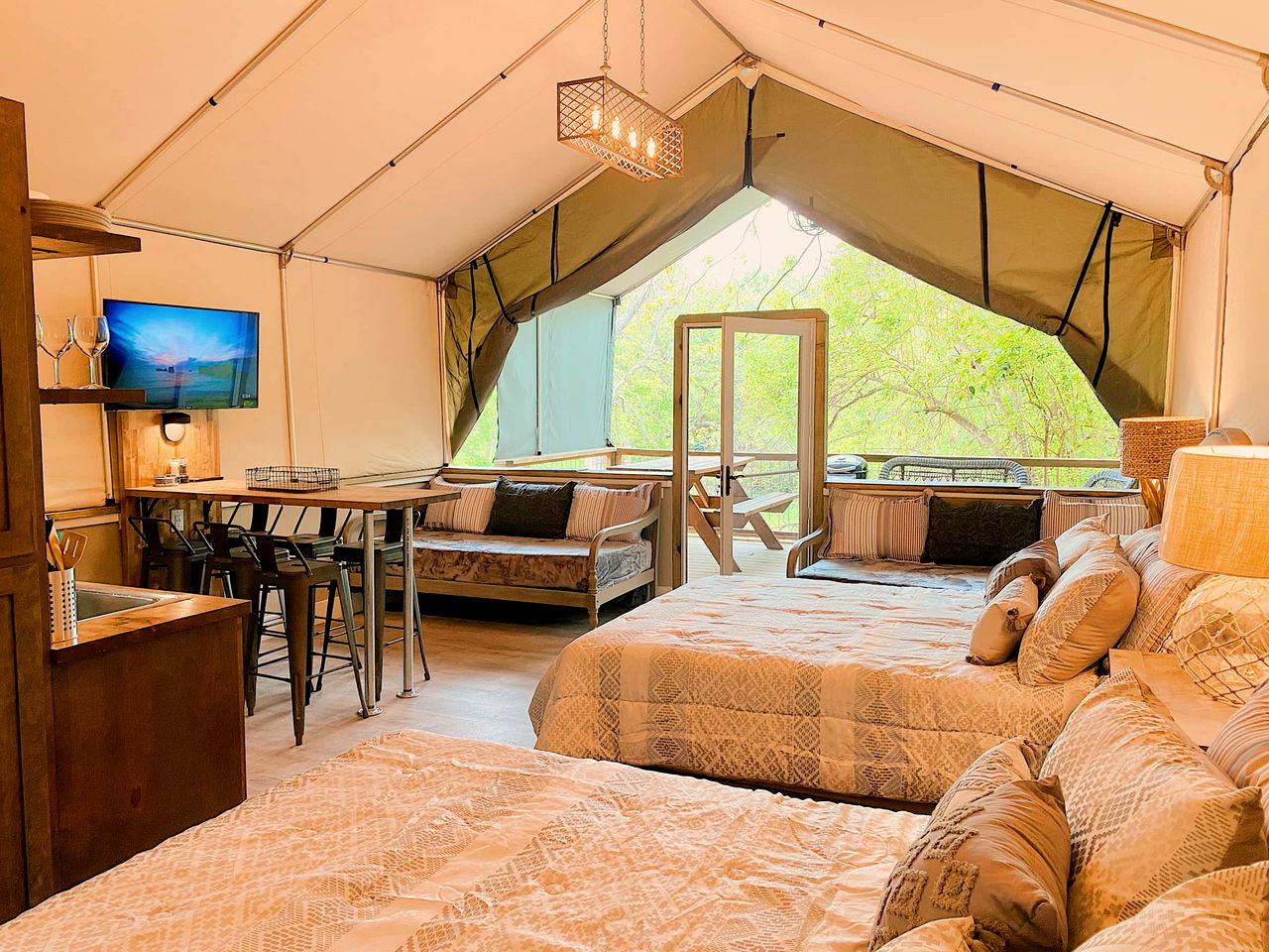 Reconnect by the Water: Modern Family Tented Cabin Retreat in Cibolo, TX