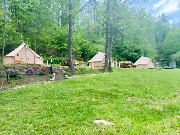 Riverfront Rental with Fire Pit Perfect for Group Glamping near Asheville, North Carolina | Bell Tents (Green Mountain, North Carolina, United States