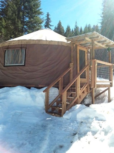 Outside of secluded yurt rental in Montana.