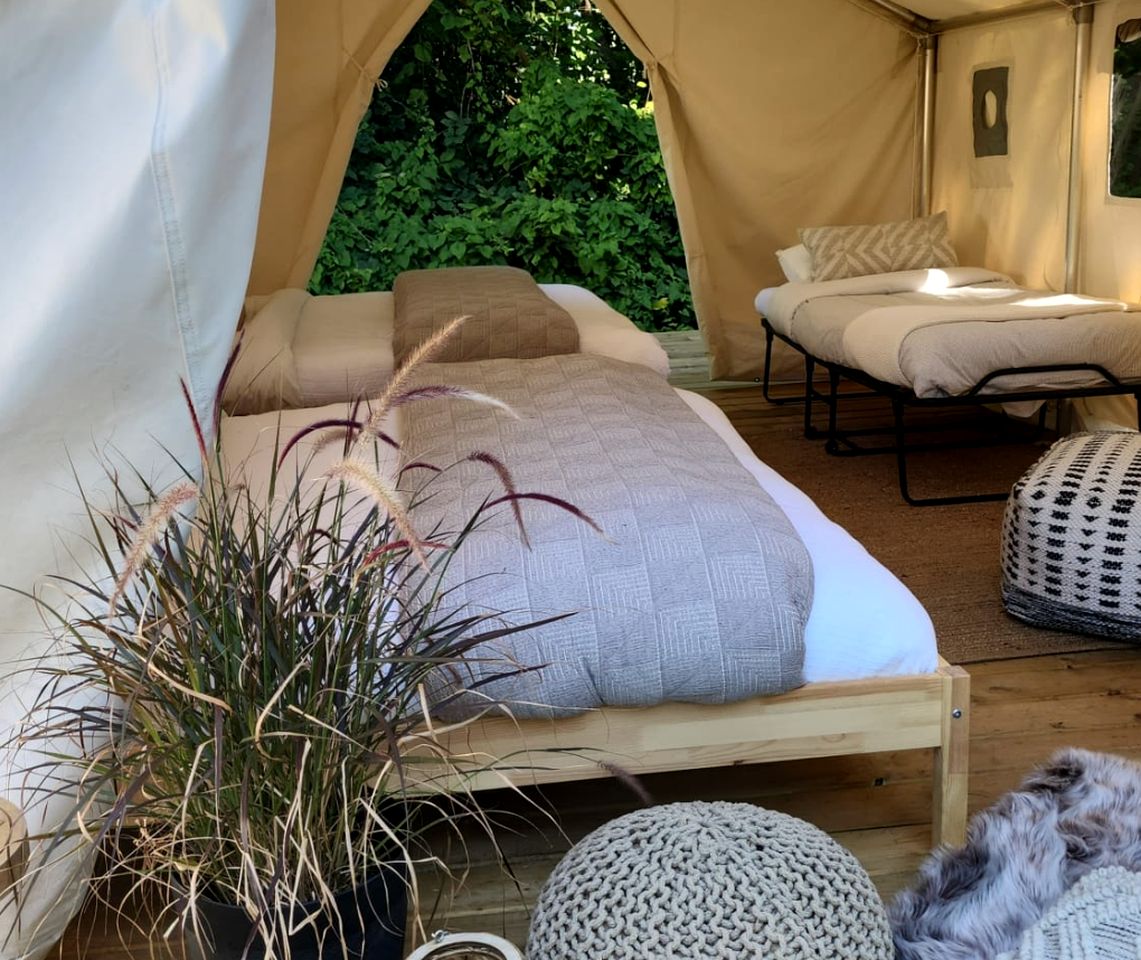 Enchanting Safari Tent with Outdoor Fire Pit and Private Deck in Tsawwassen, British Columbia