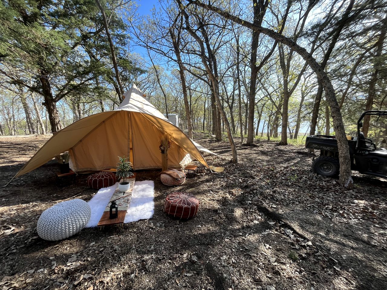 Lakeside Glamping Bell Tent Retreat on Tuttle Creek Lake in Kansas, Perfect for a Weekend of Swimming and Fishing