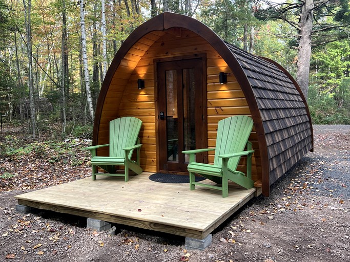 Luxurious White Pine Pod for Two Nestled in the Woods for an Unforgettable Glamping Getaway by Lake Superior in Wisconsin