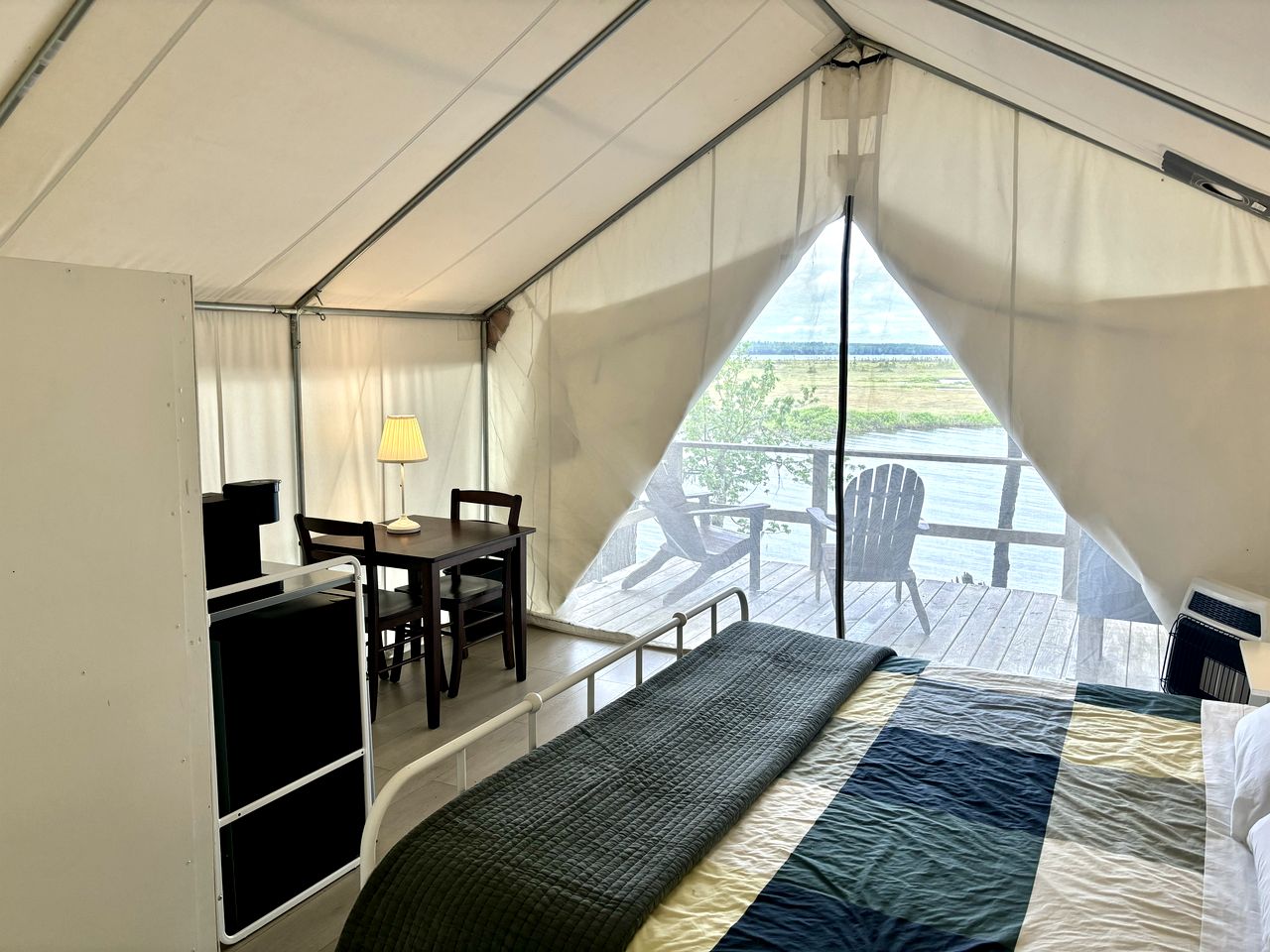 Beautiful Lakefront Safari Tent with Ensuite Bathroom, King Bed, and a Fabulous View, near Acadia National Park in Maine