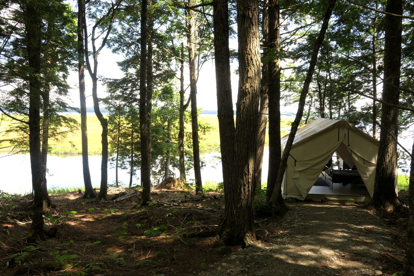 Beautiful Lakefront Safari Tent with Ensuite Bathroom, King Bed, and a Fabulous View, near Acadia National Park in Maine