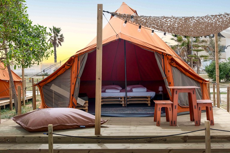 Stylish Glamping Tent Stay with Shaded Terrace & Ambient Lighting in Faro District, Portugal