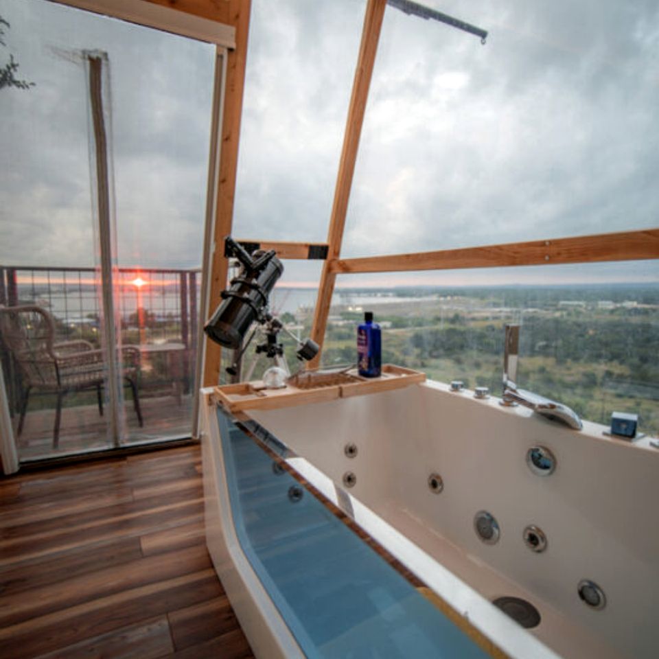 Luxury Glass A-Frame Escape with Cliffside Balcony & Spa Features in Cottonwood Shores, Texas