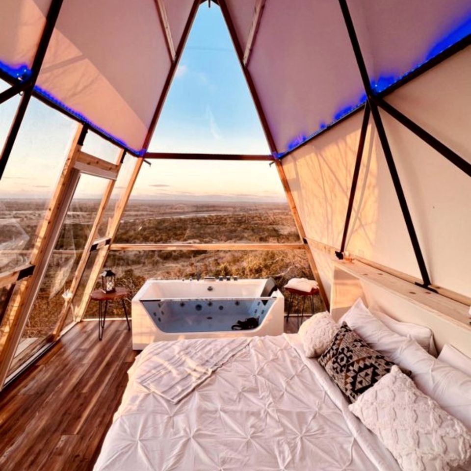 Luxury Glass A-Frame Escape with Cliffside Balcony & Spa Features in Cottonwood Shores, Texas