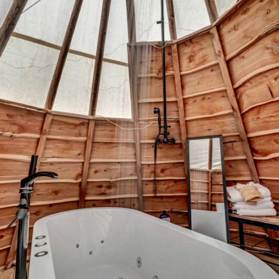 Cliffside Tipi Retreat with Jetted Soak & Sunset Skies in Cottonwood Shores, Texas