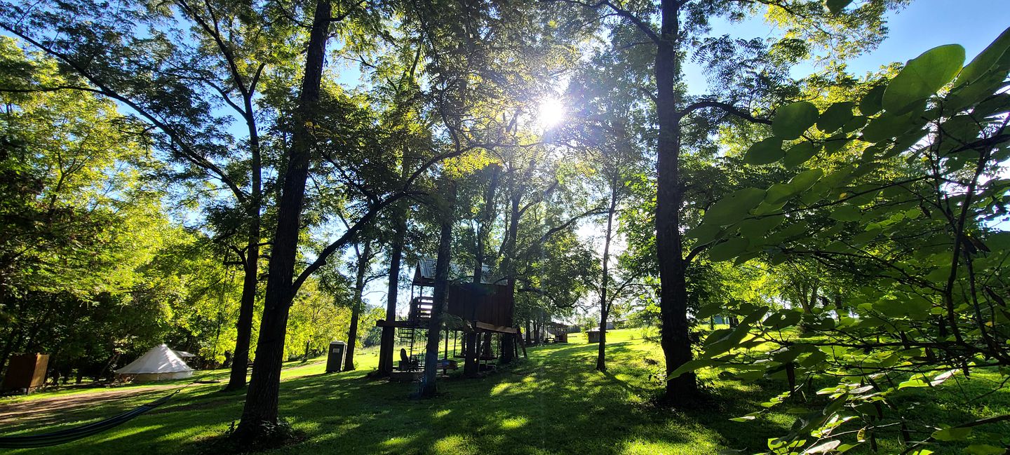 Tree House Glamping Destination near the Ozarks, with River Access for Swimming and Fishing