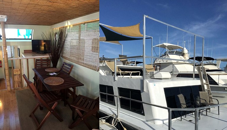 Living area of a houseboat rental in the FL Keys.