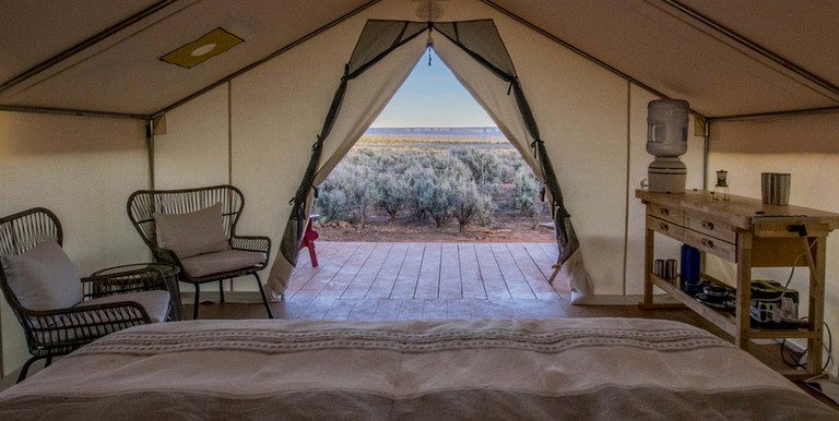 View of Grand Staircase-Escalante from inside of a safari tent rental in Utah.