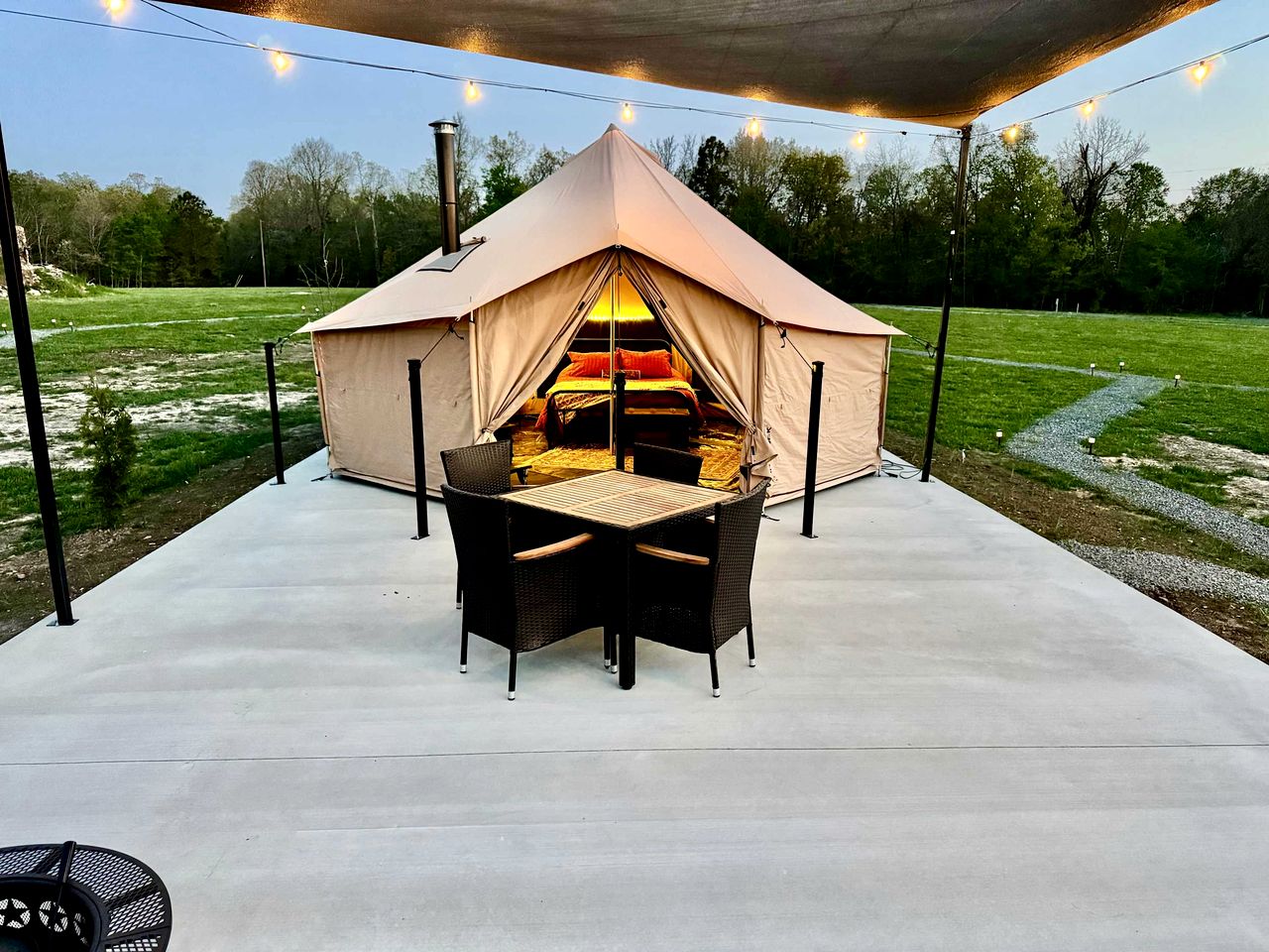 Incredible Bell Tent with Fire Pit on Private Patio for a Cozy Glamping Escape in Tahlequah, Oklahoma