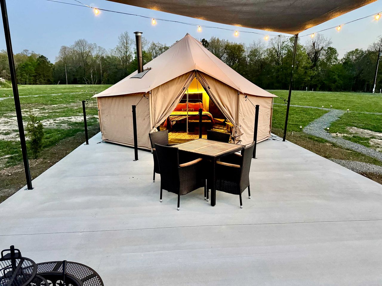 Incredible Bell Tent with Fire Pit on Private Patio for a Cozy Glamping Escape in Tahlequah, Oklahoma