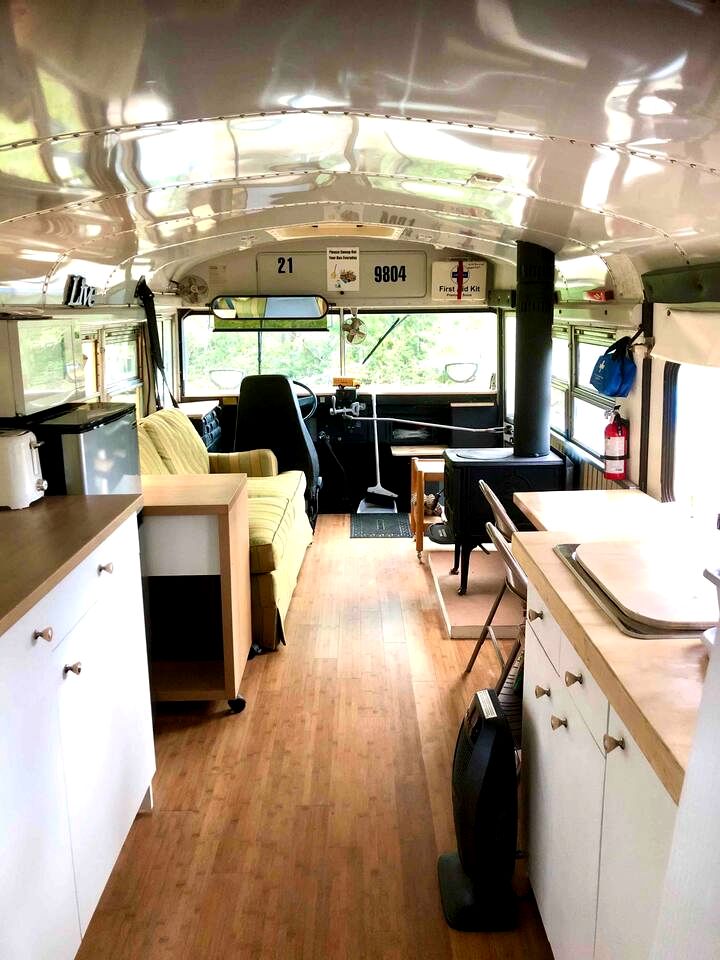 Bright Converted Bus with Woodstove & Ocean View on the Sunshine Coast, British Columbia