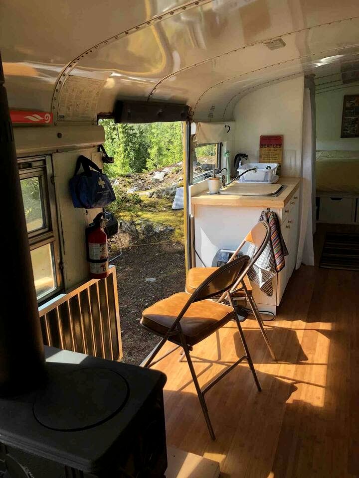 Bright Converted Bus with Woodstove & Ocean View on the Sunshine Coast, British Columbia
