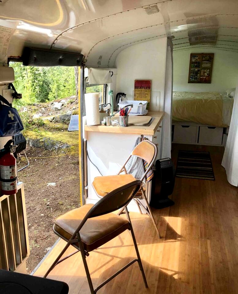 Bright Converted Bus with Woodstove & Ocean View on the Sunshine Coast, British Columbia