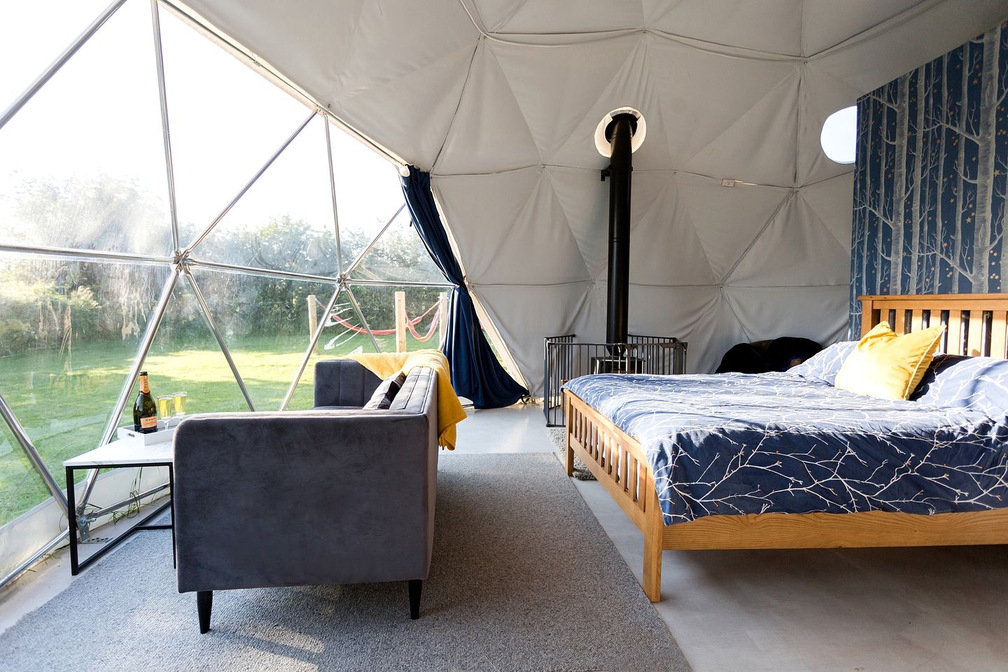 Solar-Powered Geodesic Dome with Wood-Burning Stove and an Outdoor Bath, in Othery, England