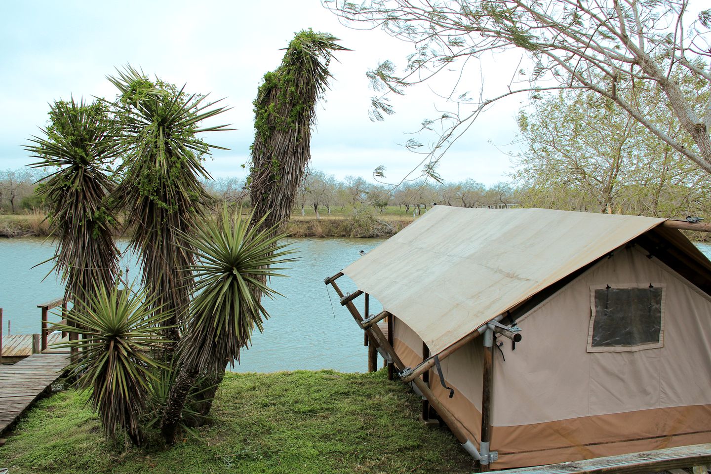 Comfortable Safari Tent with Riverfront Views near Space X's Launch Site, Perfect for a Texas Glamping Getaway