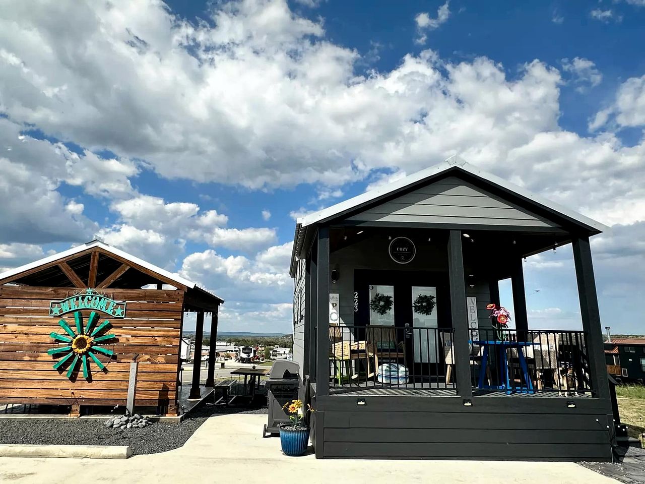 Charming Tiny Home Hideaway with Resort Pool Near Fredericksburg, TX