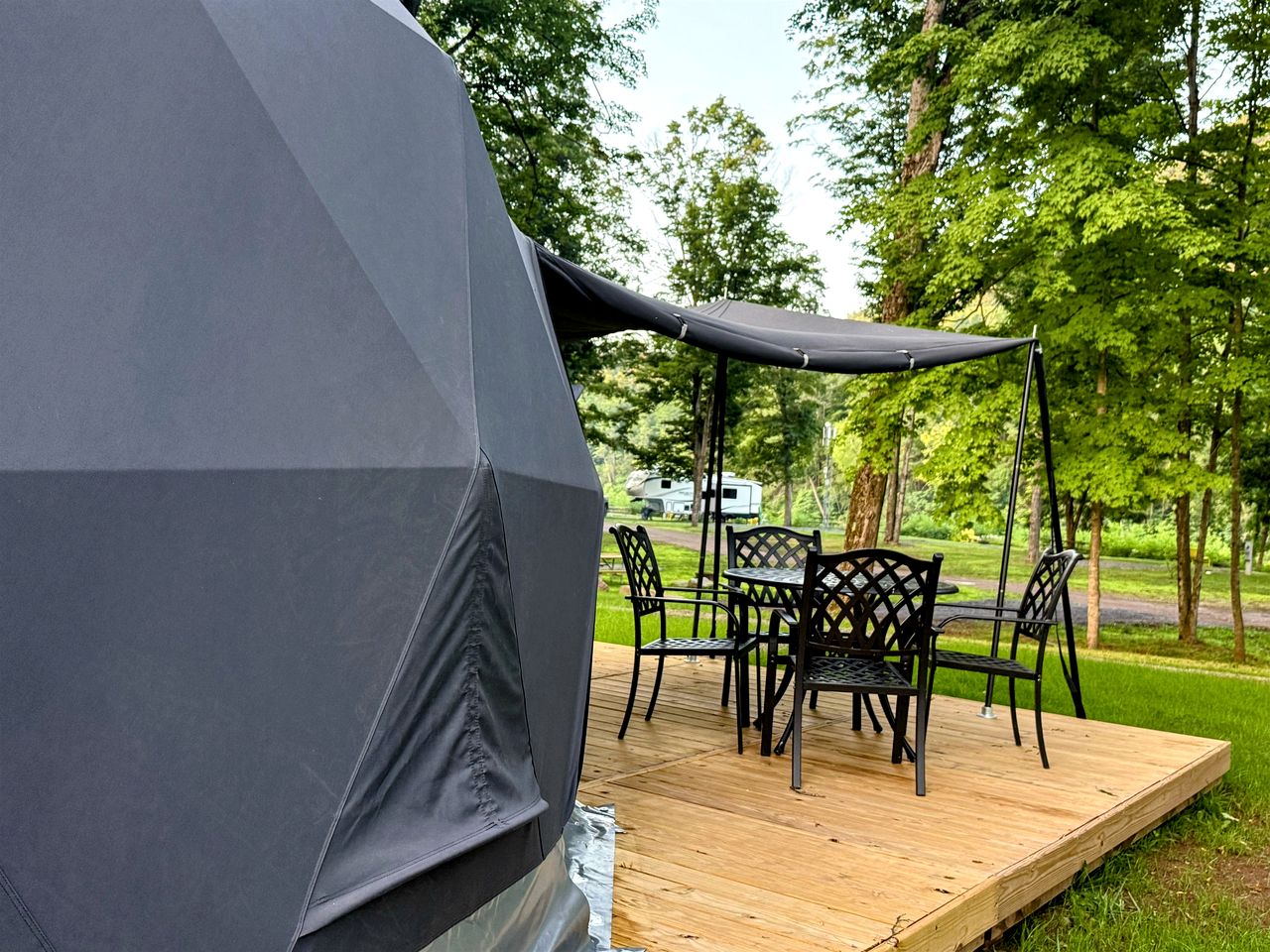 Starlit Geodesic Dome Haven Overlooking a Mountain River in New York’s Catskills