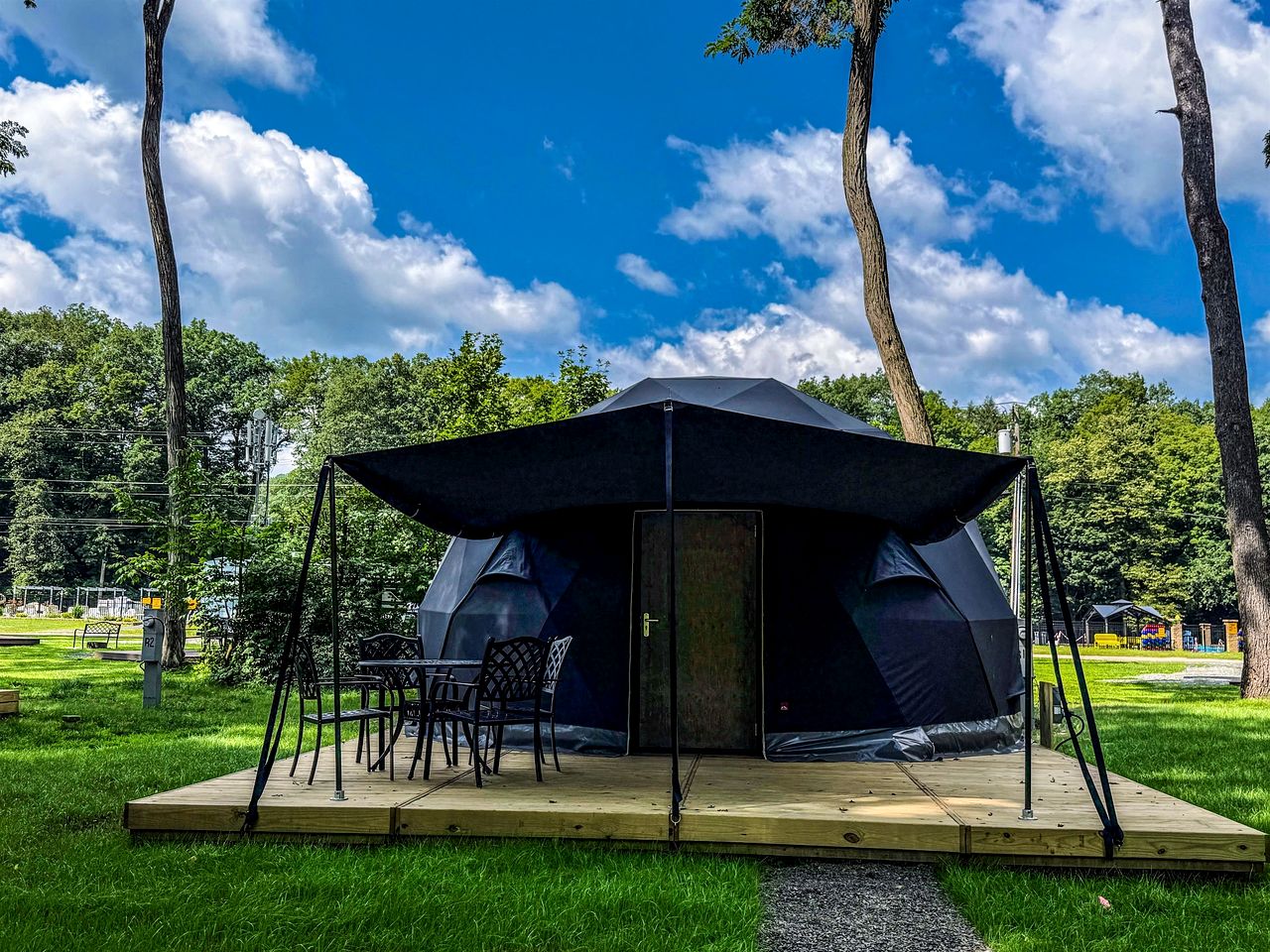 Starlit Geodesic Dome Haven Overlooking a Mountain River in New York’s Catskills