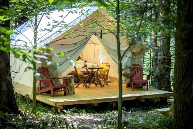 Spacious Group Glamping Site with Safari Tents, BBQ Gazebo, Fire Pits, Forest Trails in Broadalbin, New York