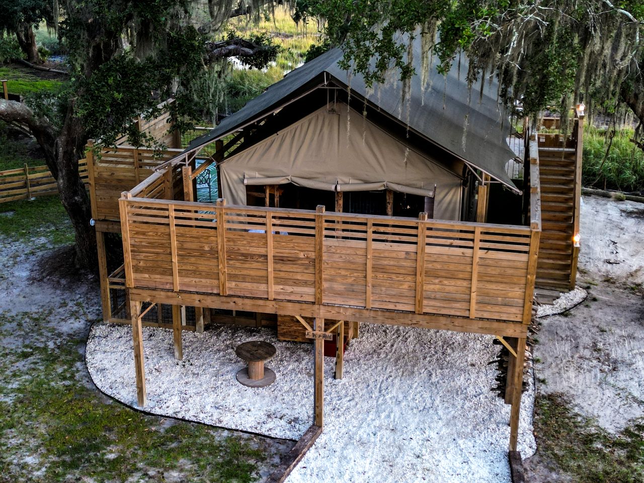 Marsh-View Treehouse Tent Glamping with Private Campsite, Wildlife Watching, BBQ, Fire Pit in Townsend, Georgia