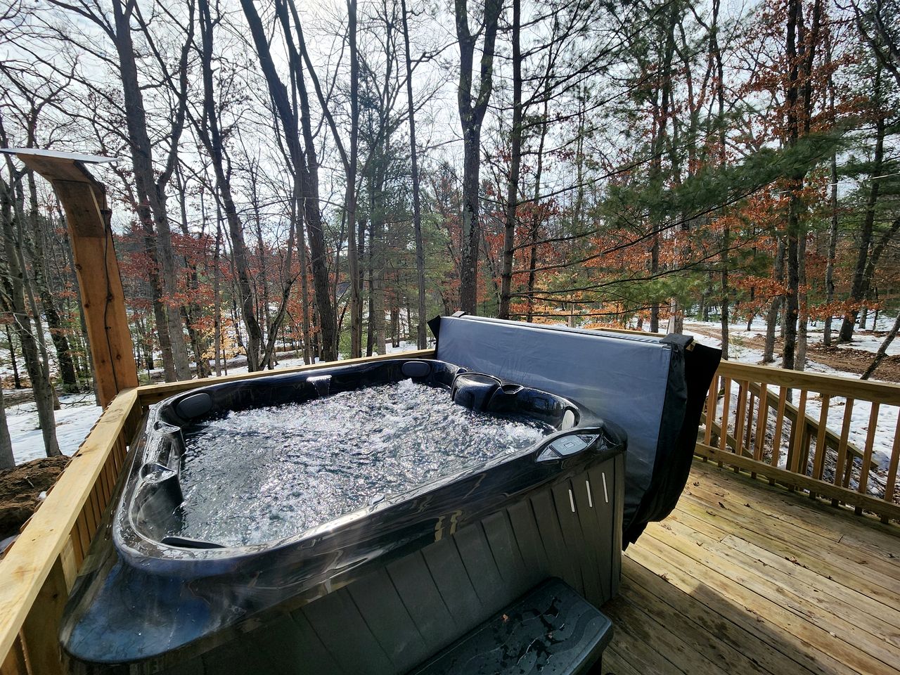 Secluded Luxury Cabin with Hot Tub on 10 Private Acres near Trails in Reed City, Michigan