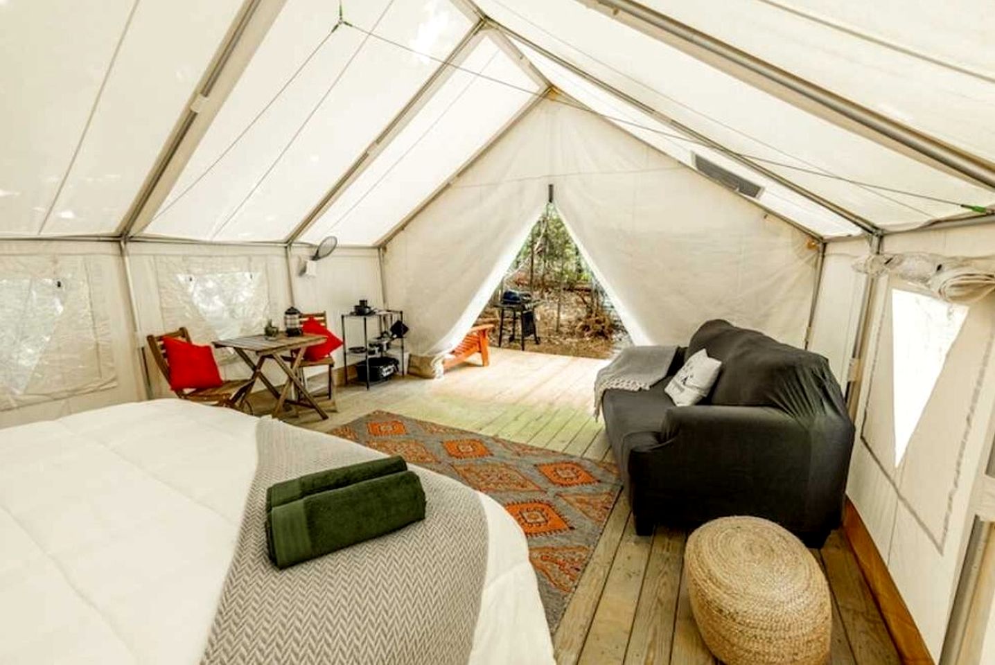 King Deluxe Glamping Tent w/ Private Raised Deck, Fire Pit, Gas Grill, Pet-Friendly Stay in Broadalbin, New York