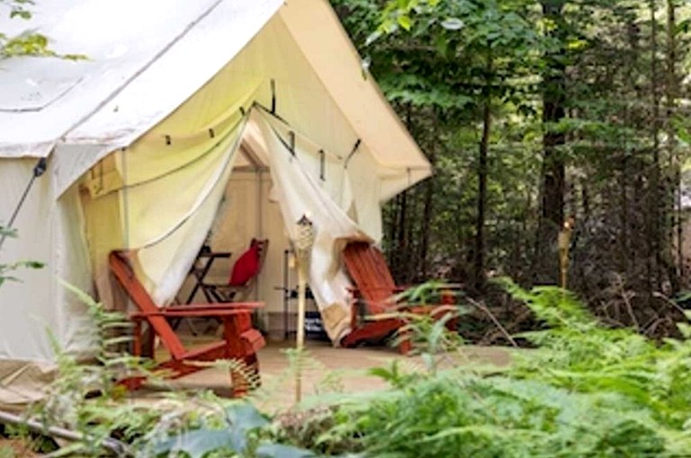 King Deluxe Glamping Tent w/ Private Raised Deck, Fire Pit, Gas Grill, Pet-Friendly Stay in Broadalbin, New York