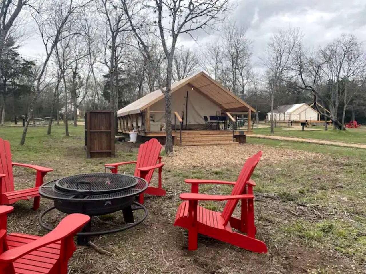 Relaxing Lakeview Safari Tent with Outdoor Seating and Nature Access near Bastrop, Texas