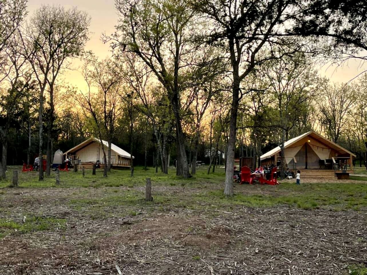 Relaxing Lakeview Safari Tent with Outdoor Seating and Nature Access near Bastrop, Texas