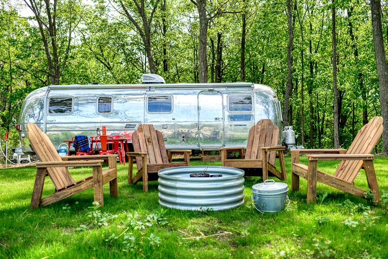 Stunning Vintage Airstream with Fire Pit Surrounded by Natural Beauty for an Amazing Outdoor Adventure in Troy, Wisconsin