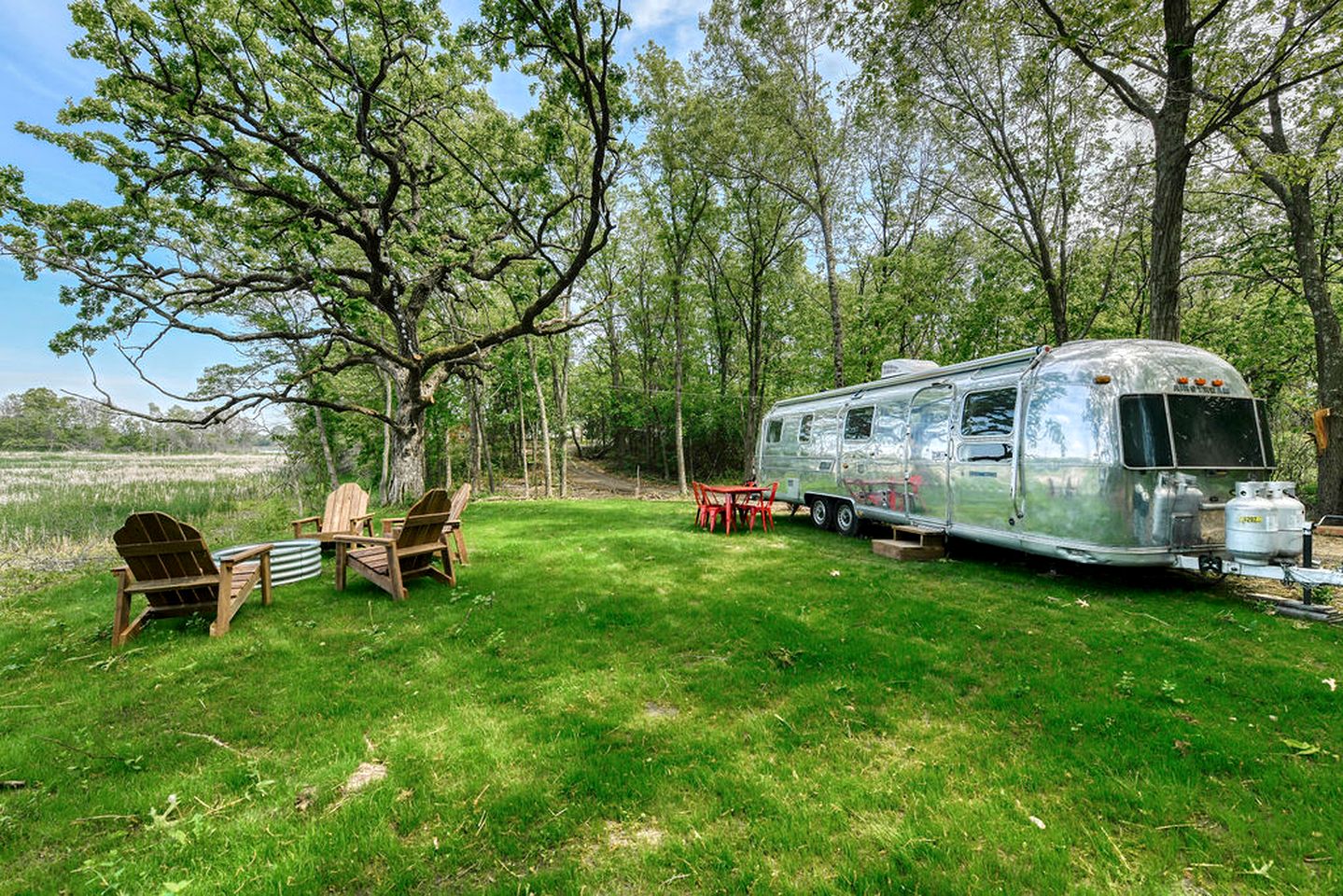 Stunning Vintage Airstream with Fire Pit Surrounded by Natural Beauty for an Amazing Outdoor Adventure in Troy, Wisconsin