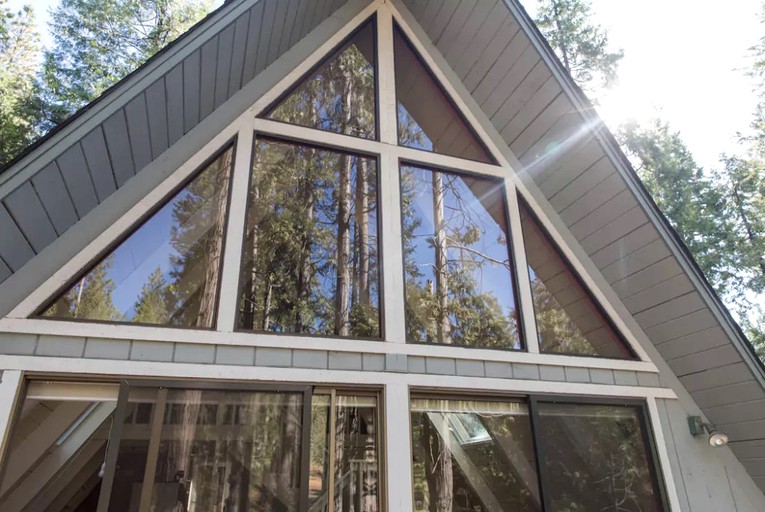 Close up of A-frame cabin rental in Arnold, California