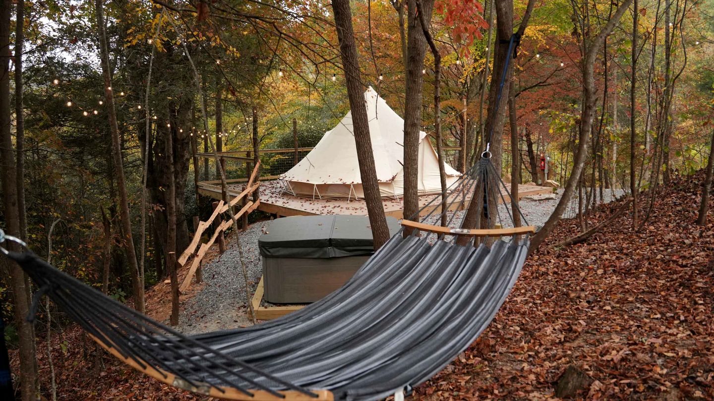 Luxury Bell Tent Glamping with Hot Tub and Stargazing Deck Retreat in Waynesville, North Carolina