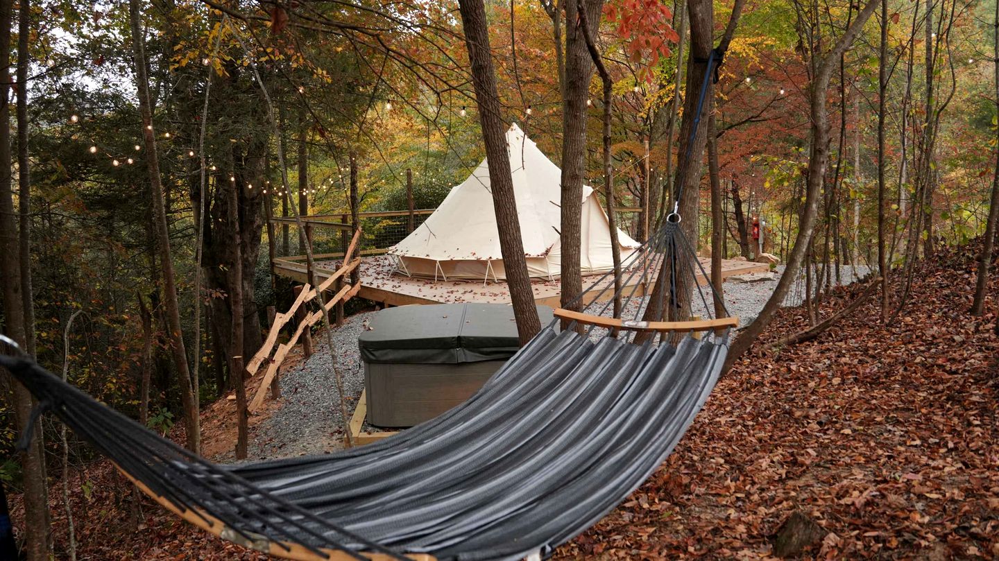 Luxury Bell Tent Glamping with Hot Tub and Stargazing Deck Retreat in Waynesville, North Carolina