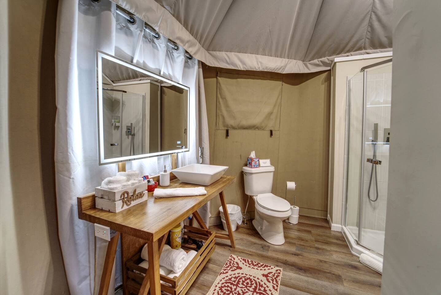 Scenic Hill Country Safari Tent Retreat with Hot Tub near Lake Travis in Marble Falls, Texas