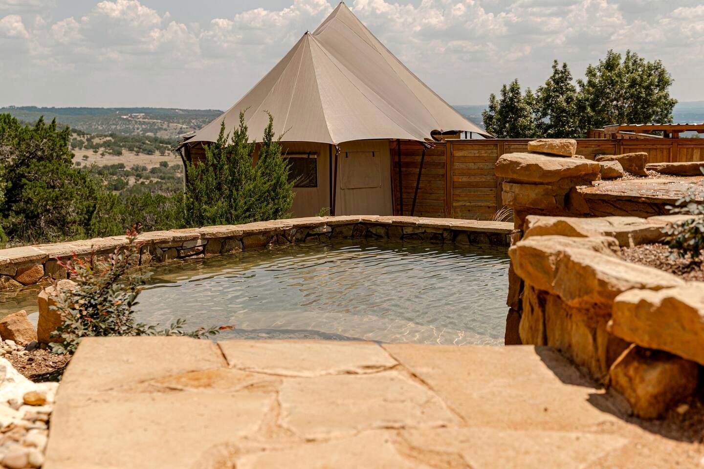 Scenic Hill Country Safari Tent Retreat with Hot Tub near Lake Travis in Marble Falls, Texas