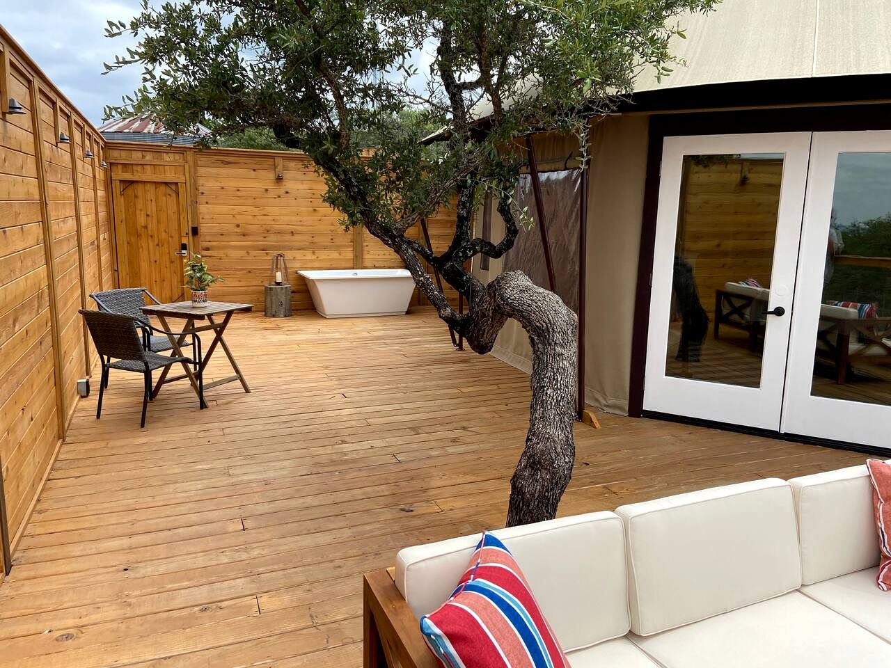 Scenic Hill Country Safari Tent Retreat with Hot Tub near Lake Travis in Marble Falls, Texas