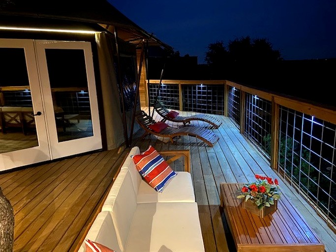 Scenic Hill Country Safari Tent Retreat with Hot Tub near Lake Travis in Marble Falls, Texas