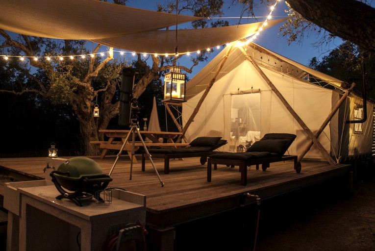 Fair lights over beautiful luxury tent in Puglia, Italy