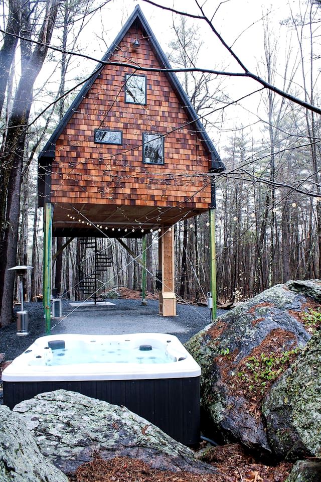 Eco-Friendly Solar Powered A-Frame Treehouse with Hot Tub and Private Dock  on Littlefield Pond, near Wells, Maine