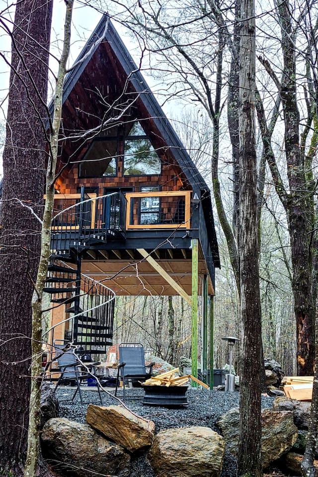 Eco-Friendly Solar Powered A-Frame Treehouse with Hot Tub and Private Dock  on Littlefield Pond, near Wells, Maine