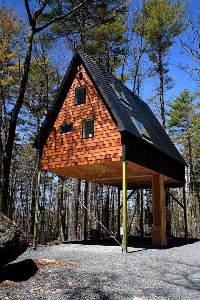 Eco-Friendly Solar Powered A-Frame Treehouse with Hot Tub and Private Dock  on Littlefield Pond, near Wells, Maine