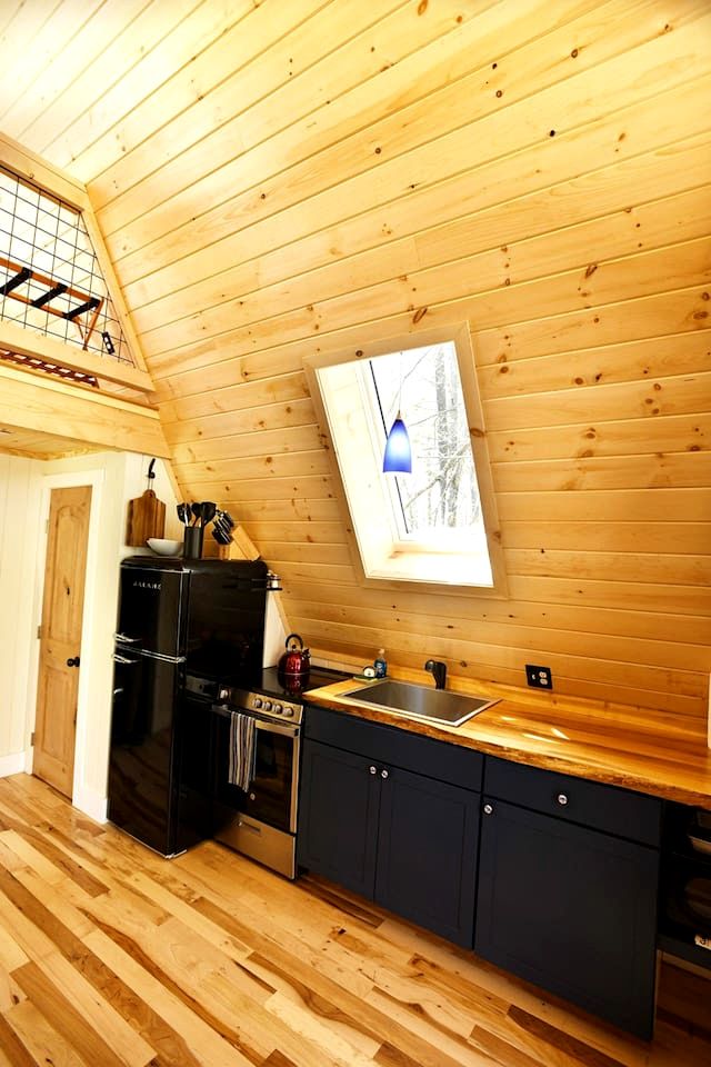 Eco-Friendly Solar Powered A-Frame Treehouse with Hot Tub and Private Dock  on Littlefield Pond, near Wells, Maine